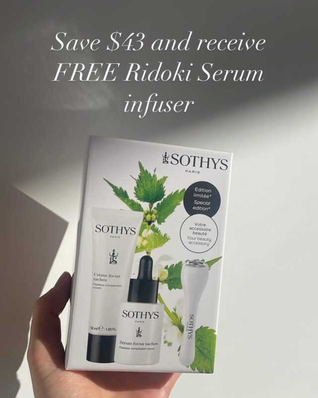 LIMITED TIME OFFER!! Sothys Flawless Complexion Serum and Cream pack including Ridoki Serum Infuser. Dreaming of healthy, glowing and radiant skin? Don’t miss out on this beautiful pack. #sothys #flawless #skincare